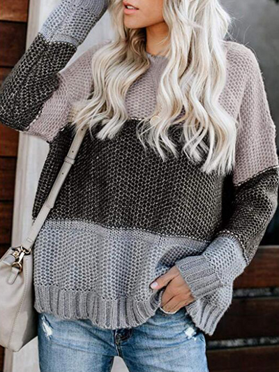 Women's Tri-Color Couture Loose Knit Long Sleeve Sweater Grey