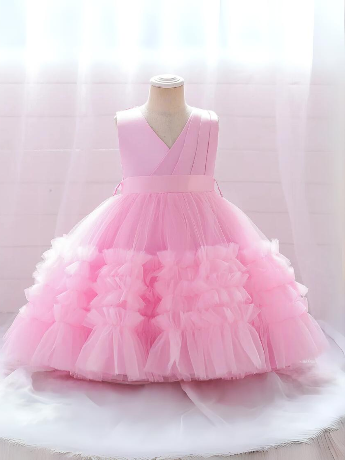 Mia Belle Girls Pink Ruffle Tulle Gown | Girls Spring Formal Dresses
