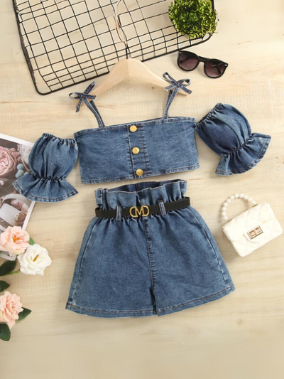 Mia Belle Girls Denim Top And Short Set | Girls Spring Outfits
