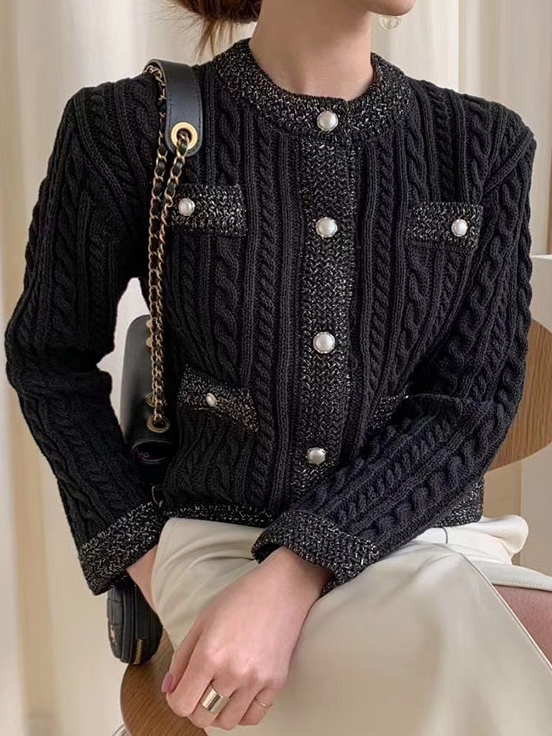 Women's Elegant Preppy Chic Twist Knit Cardigan Black