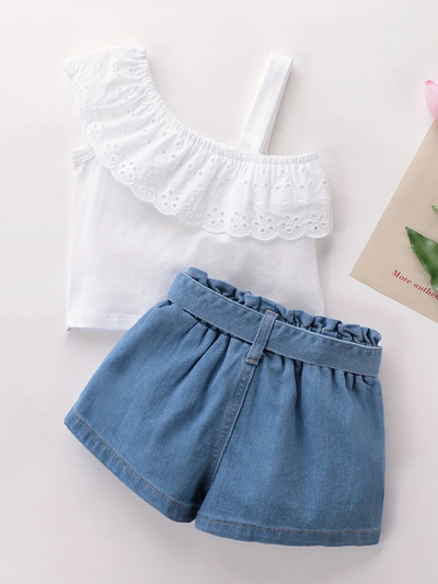 Mia Belle Girls Denim Paperbag Short Set | Girls Summer Outfits