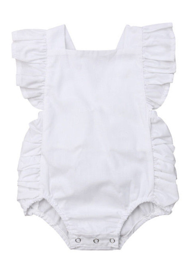 Baby onesie has cute little shoulder ruffles and ruffles on the side. Overall style with strap closure at the back White