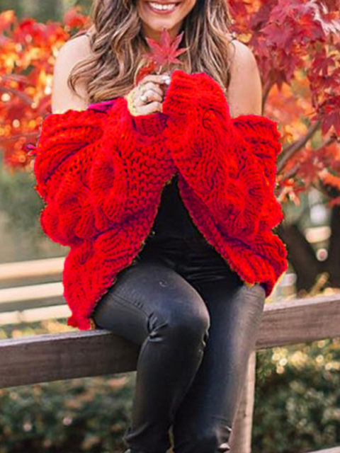 Women's Chills Begone Braid Knit Hooded Cardigan Red