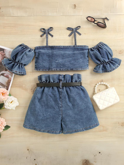 Mia Belle Girls Denim Top And Short Set | Girls Spring Outfits