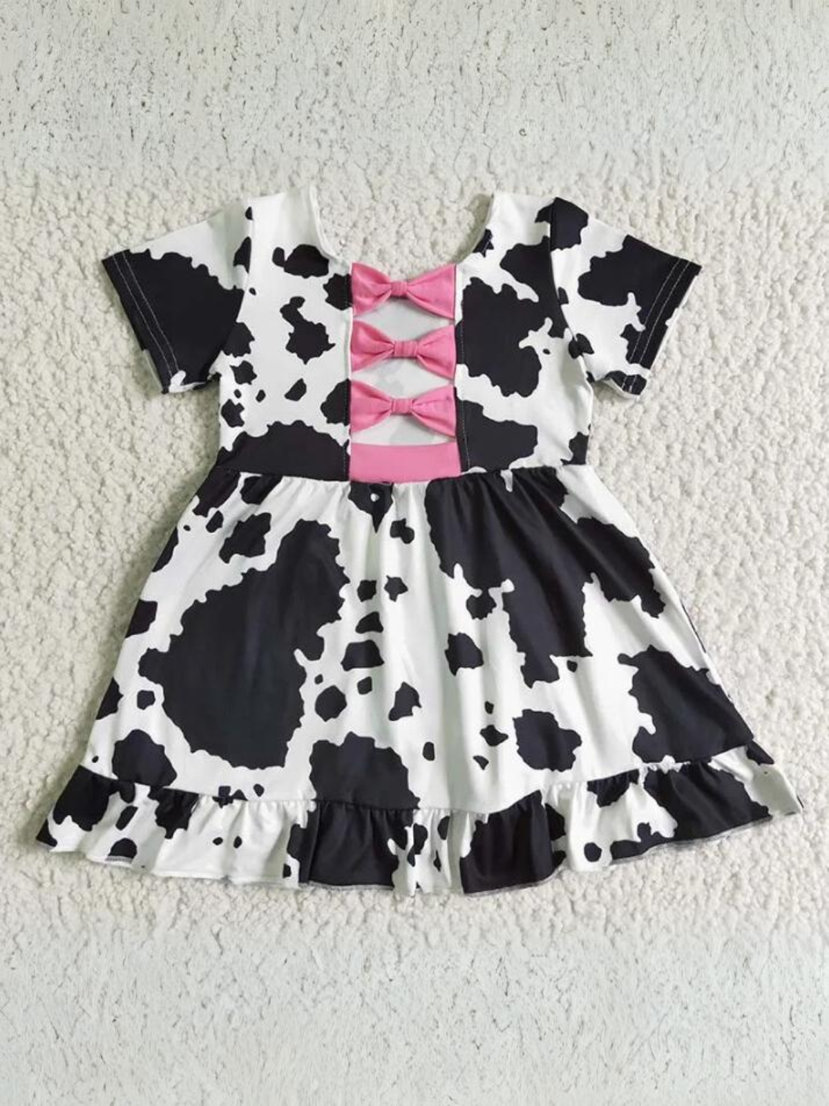 Mia Belle Girls Cow Print Ruffle Dress | Girls Spring Dresses