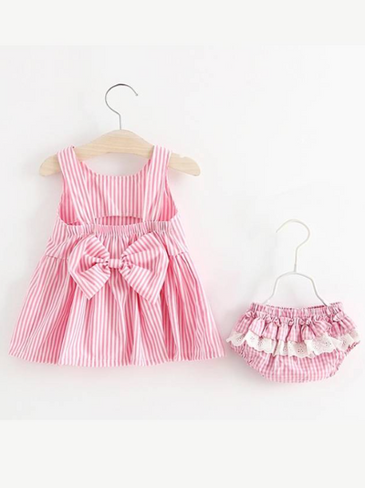 Baby Striped dress with bow at the back and ruffled matching bloomers