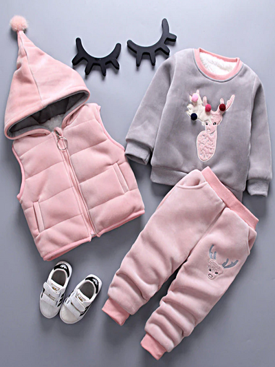 Baby Ready To Sleigh Reindeer Sweater, Hooded Vest, and Pants Set - Pink