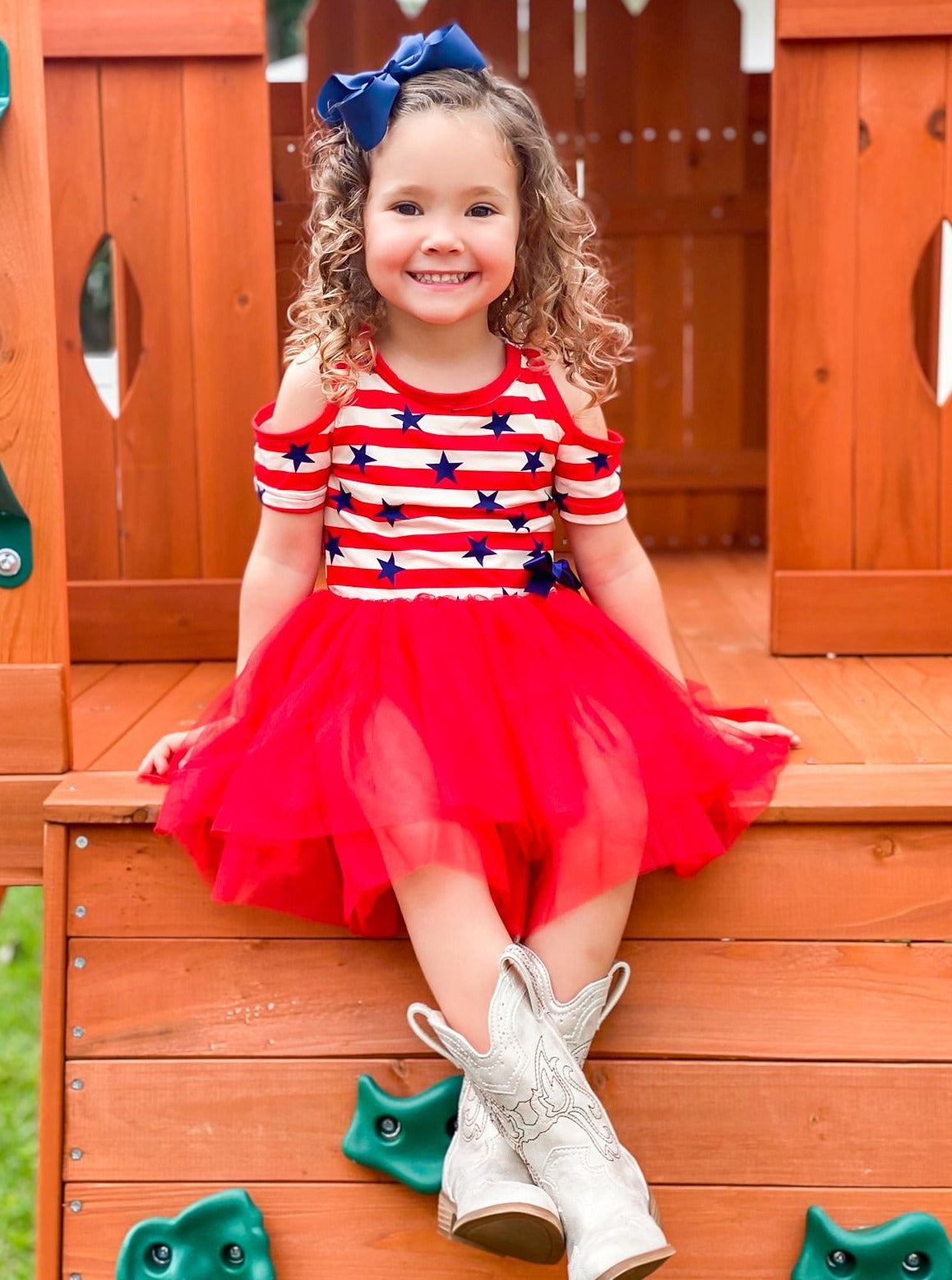 Girls 4th of July Themed Cold Shoulder Tutu Dress with Bow