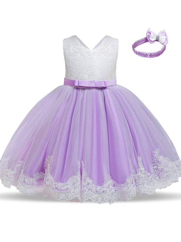 Baby Floral Lace Embroidered Beaded Dress with Bow-lilac