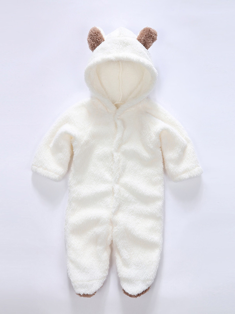 Baby Little Teddy Bear Fleece Onesie with Footies - White