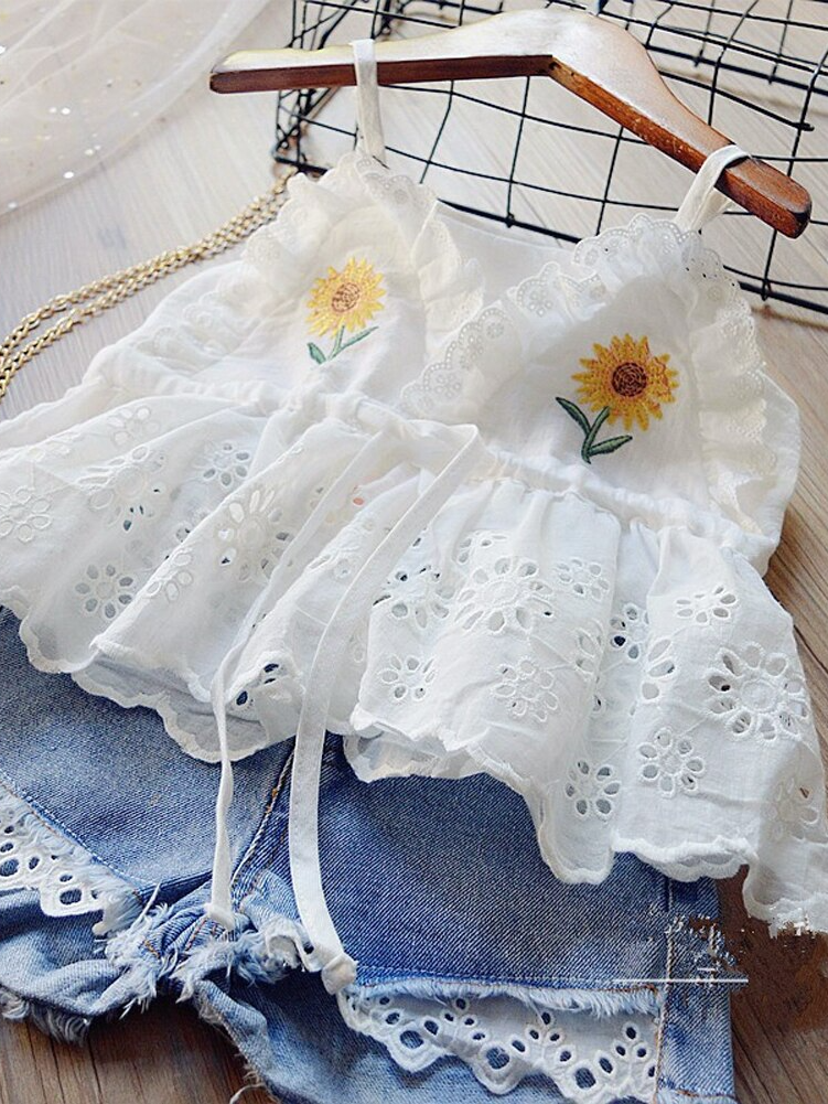 Toddler Spring Outfits | Sunflower Eyelet Top & Denim Shorts Set