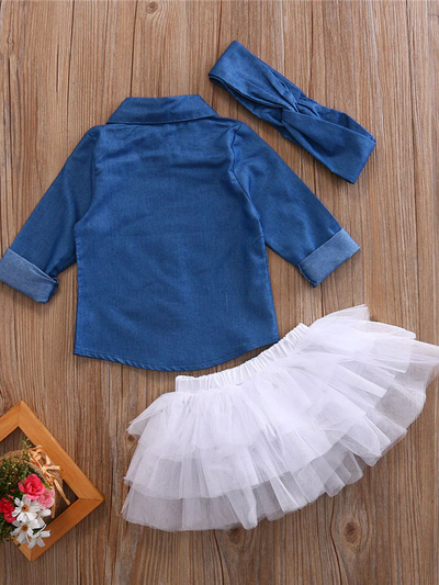 Baby set features a denim shirt with front buttons and a tutu skirt with matching headbands