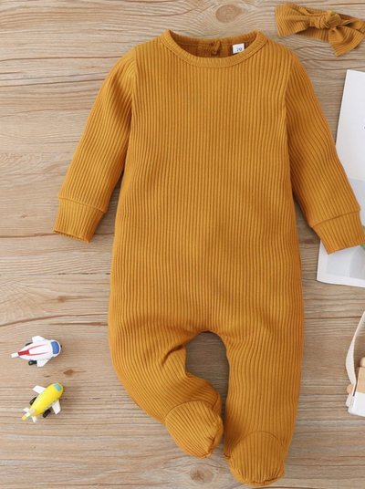 Baby Playtime Long Sleeve Ribbed Footie Onesie With Headband Orange