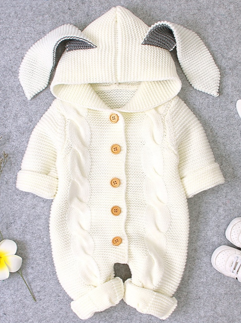 Baby Cute Bunny Cardigan Knit Hooded Romper Onesie White