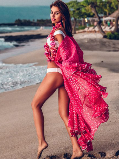 Women's Hot Pink Polka Dot Ruffle Kimono Cover Up