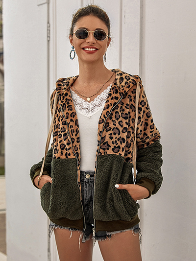 Women's Lady Leopard Print Plush Full-Zip Hooded Sweater Green