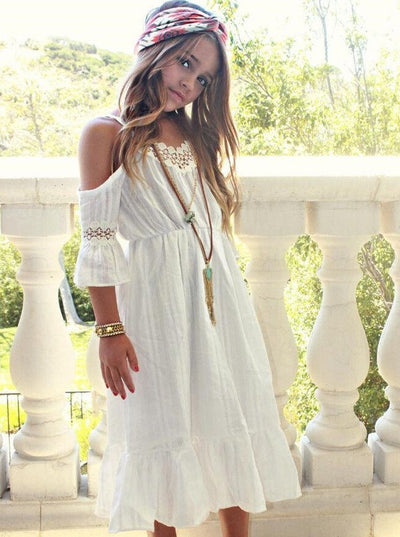 Girls Spring Dresses | White Off Shoulder Dress with Crochet Lace Trim