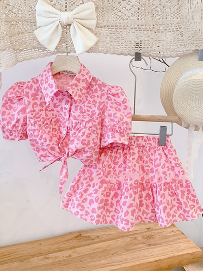 Little Girls Pink Leopard Knot Hem Crop Top and Skirt Set - Mia Belle Girls