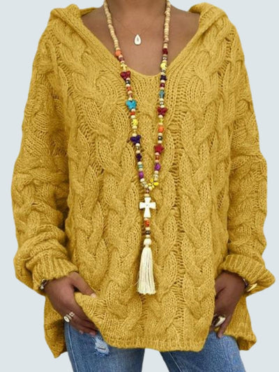Women's Braid Knit Long Sleeve Hooded Sweater Orange