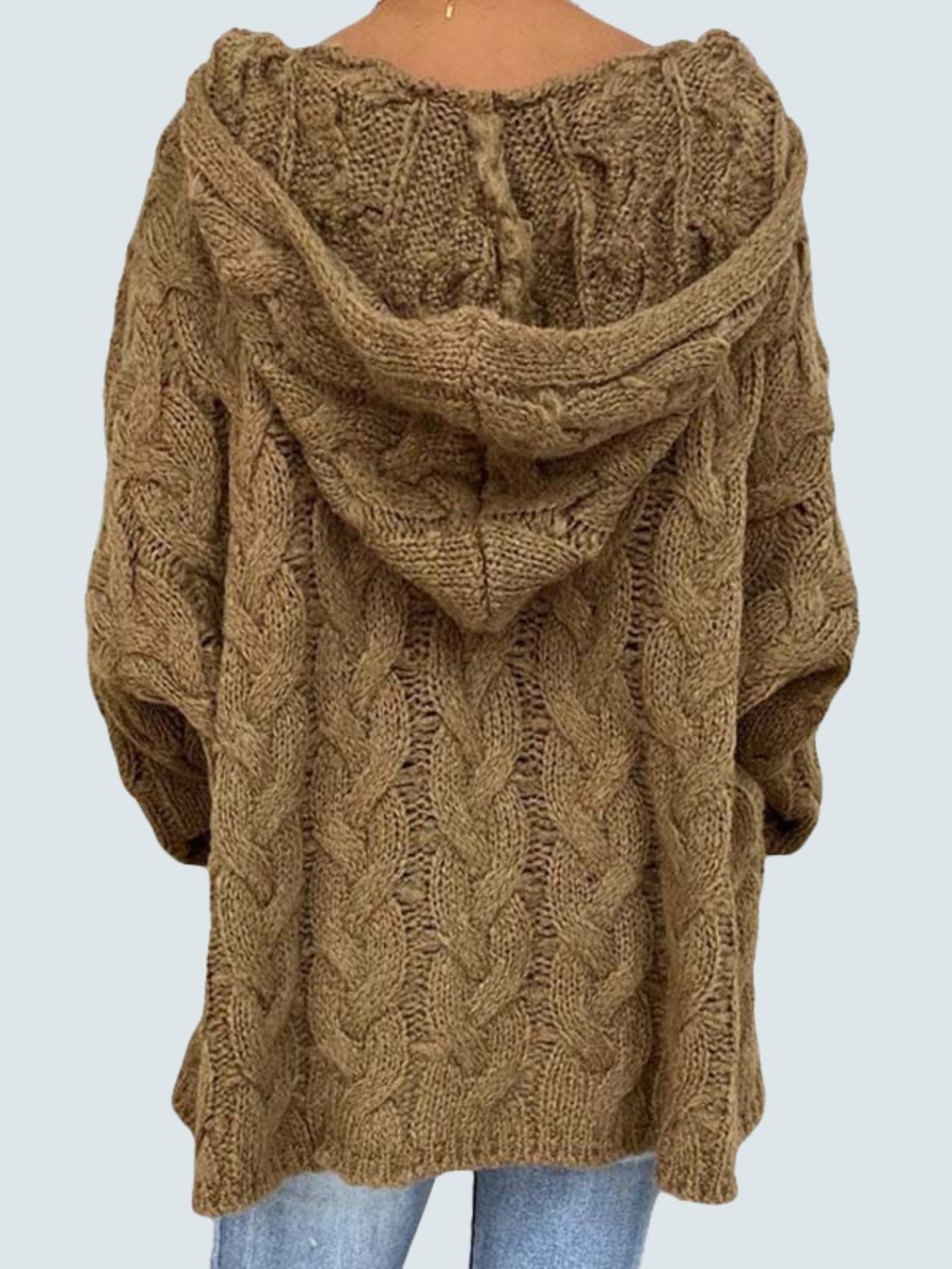 Women's Braid Knit Long Sleeve Hooded Sweater Brown