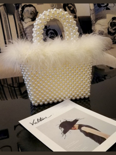 Girls Formal Accessories | Faux Fur Lined Woven Pearl Tote Handbag