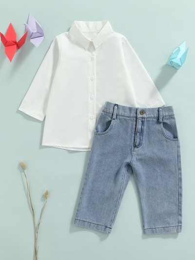 Mia Belle Girls White Shirt & Denim Jeans Set | Girls Casual