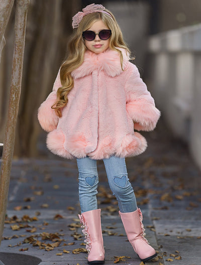 Girls Medium Long Faux Fur Coat 9Mon-7Y  Pink