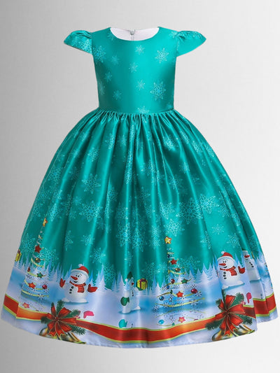 Girls Christmas Dresses | Cap Sleeve Snowman Scene Print Holiday Gown