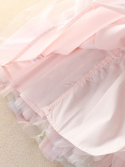 Girls Spring Dress | Sheer Sleeve Sequin Bodice Pastel Rainbow Dress