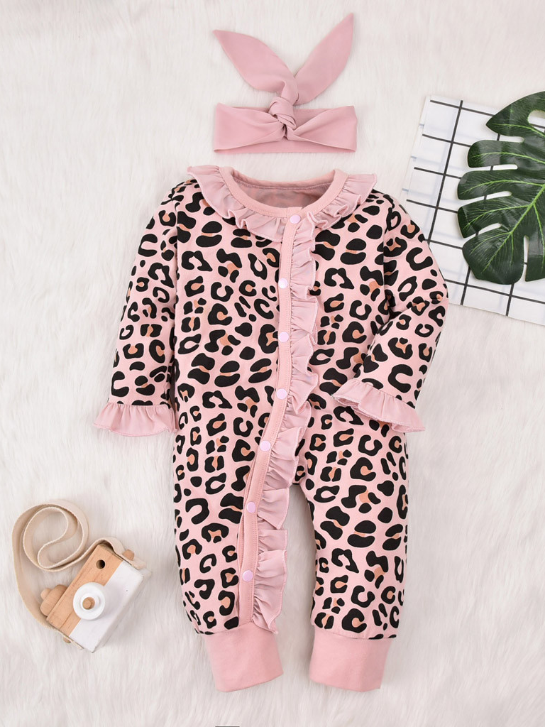 Baby Leopard Print Ruffle Long Sleeve Onesie With Headband Pink