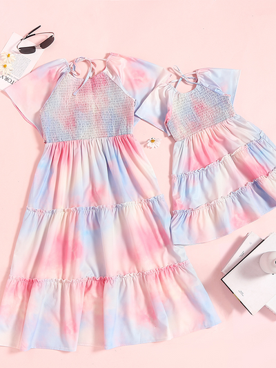 Mommy and Me Matching Pastel Tie Dye Ruffle Dress - Mia Belle Girls