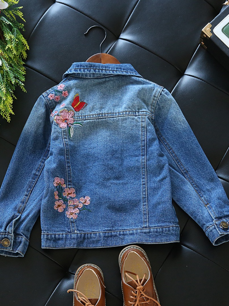 Girls Distressed Denim Jacket with Floral & Butterfly Embroidery