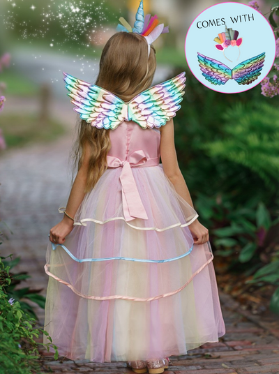Girls Halloween Costumes | Unicorn Princess Dress Wings & Headband Set