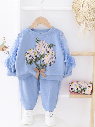 Baby Beautiful Bouquet Lace Long Sleeve Sweatshirt and Pants Set Light Blue