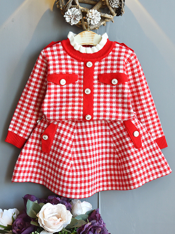 Preppy Chic Clothes | Red Plaid Sweater & Skirt Set | Mia Belle Girls