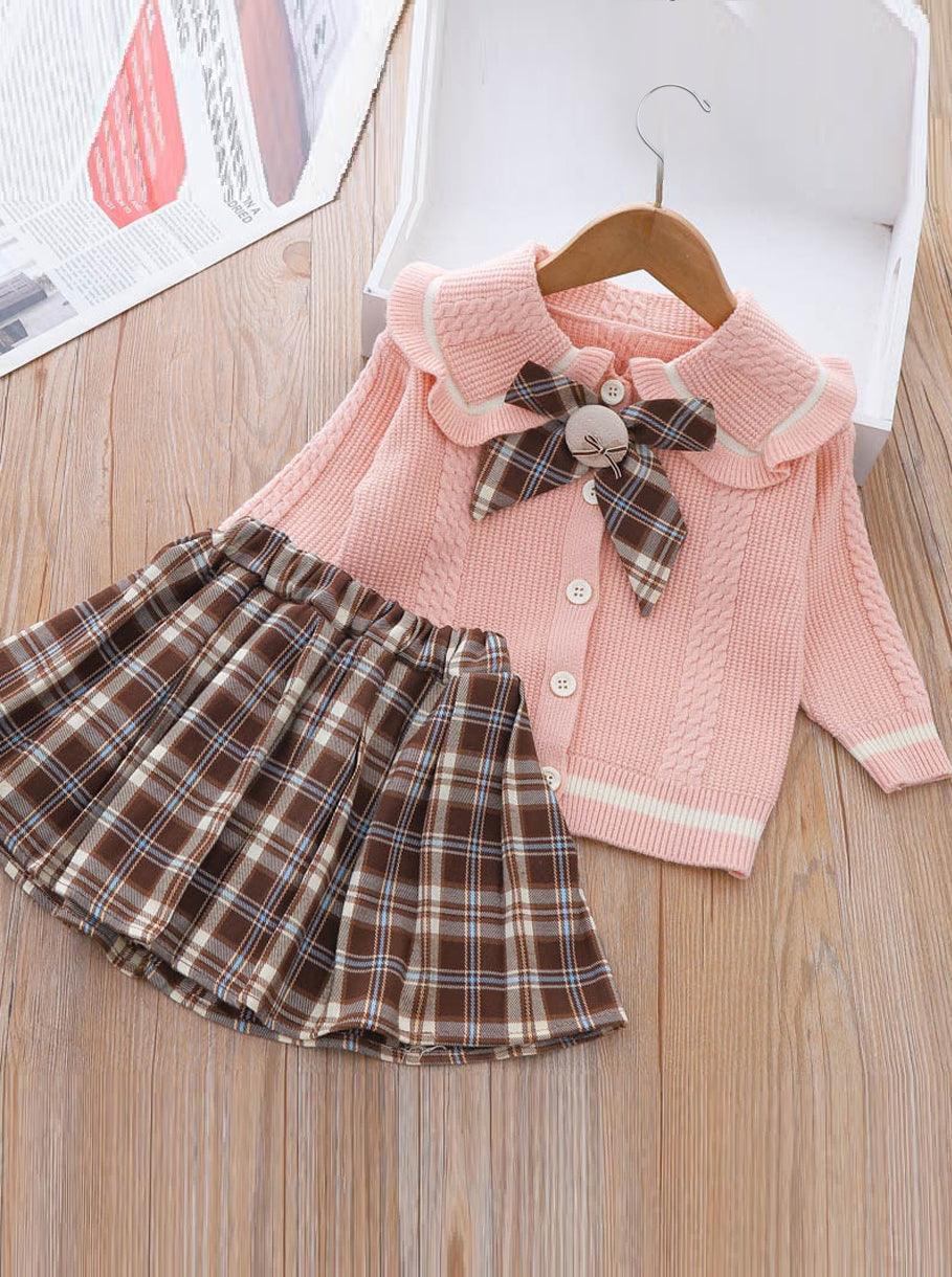 Smart Girls Rule Pink Knit Sweater and Checkered Skirt Set