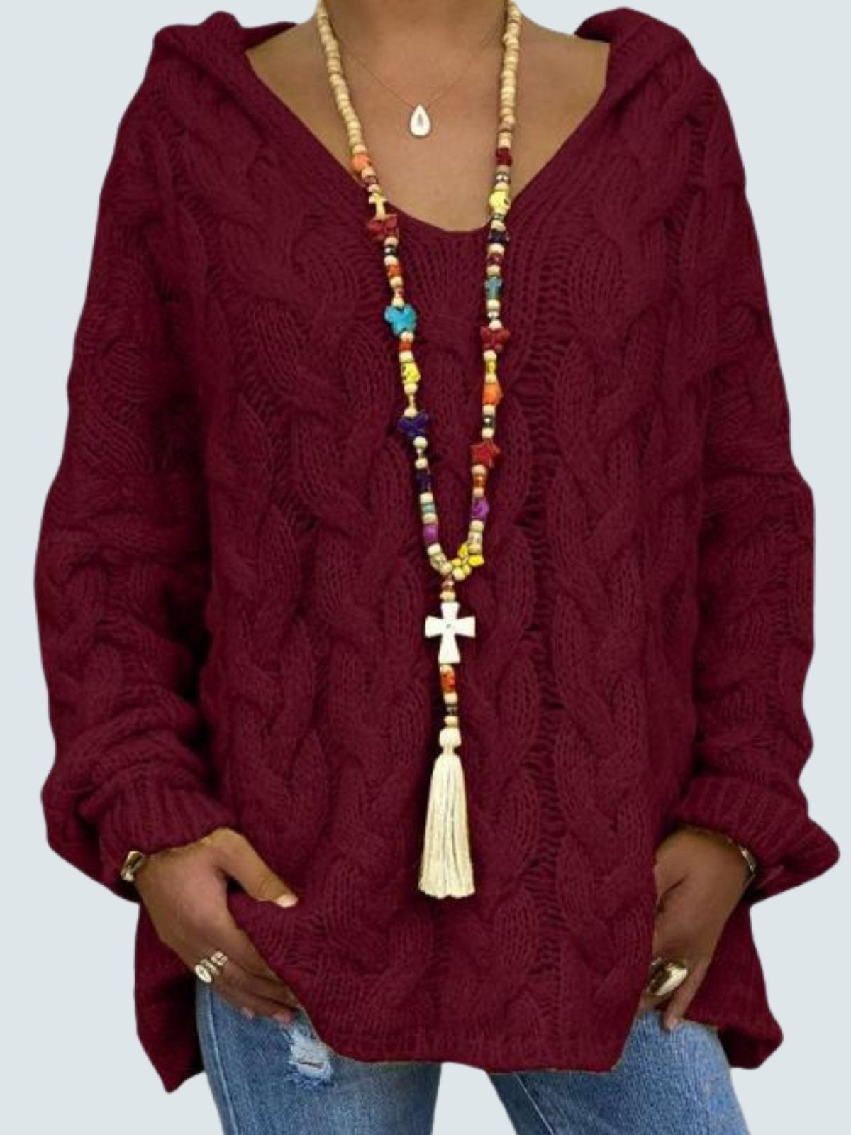 Women's Braid Knit Long Sleeve Hooded Sweater Burgundy