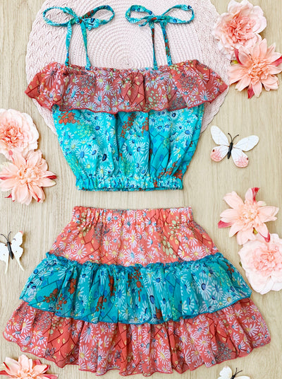 Mia Belle Girls Floral Ruffled Bib Top & Skirt Set | Resort Wear