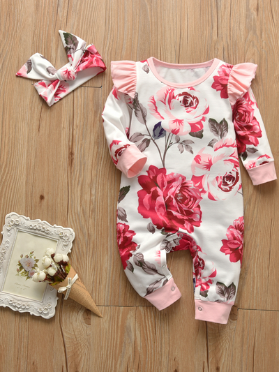Baby Floral Funtime Long Sleeve Ruffle Romper Onesie Pink