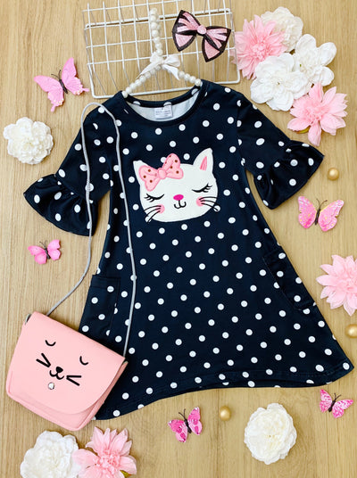 Toddler Spring Outfit | Girls Cat Polka Dot Dress Hair Bow & Purse Set