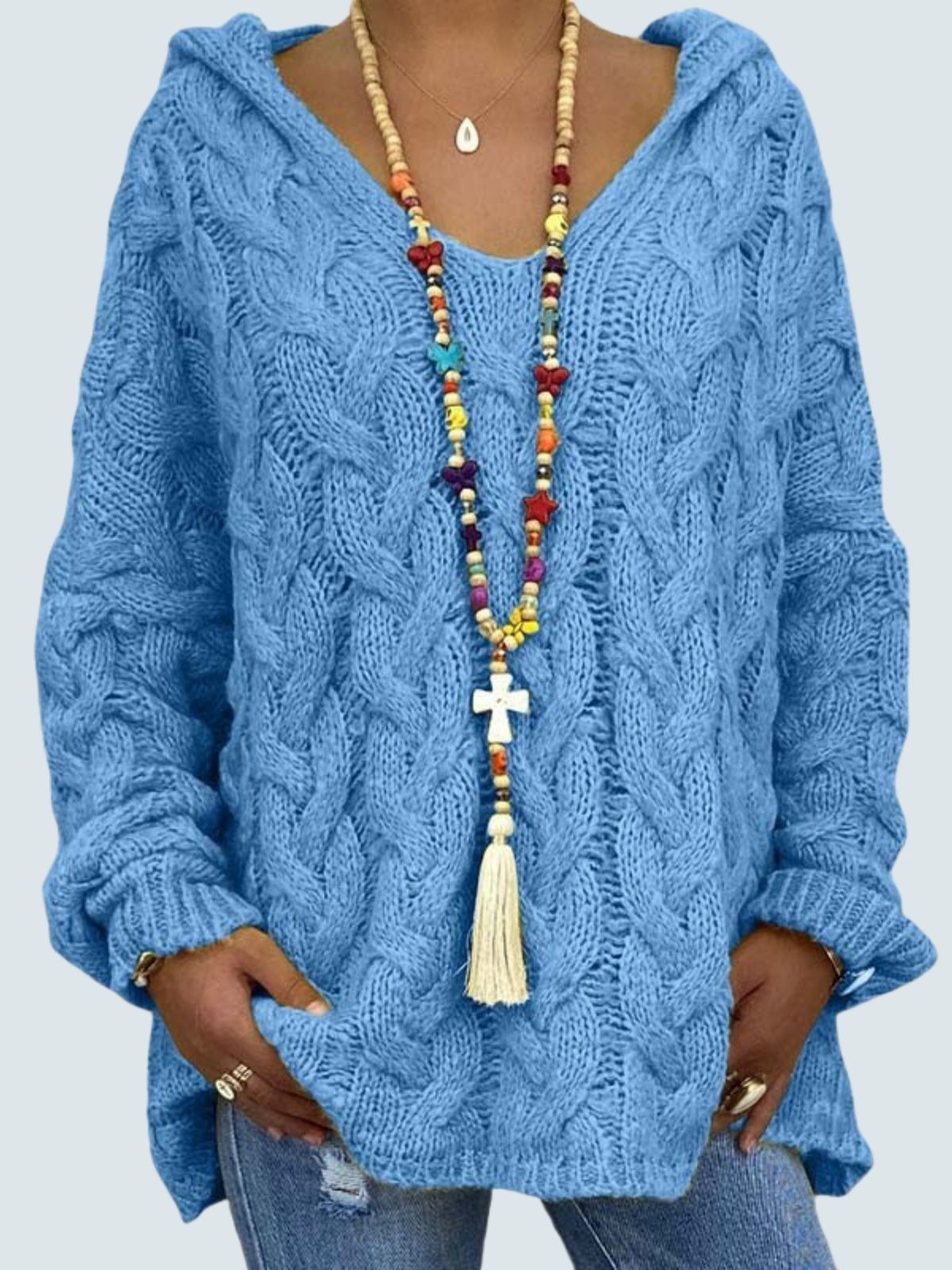 Women's Braid Knit Long Sleeve Hooded Sweater Blue