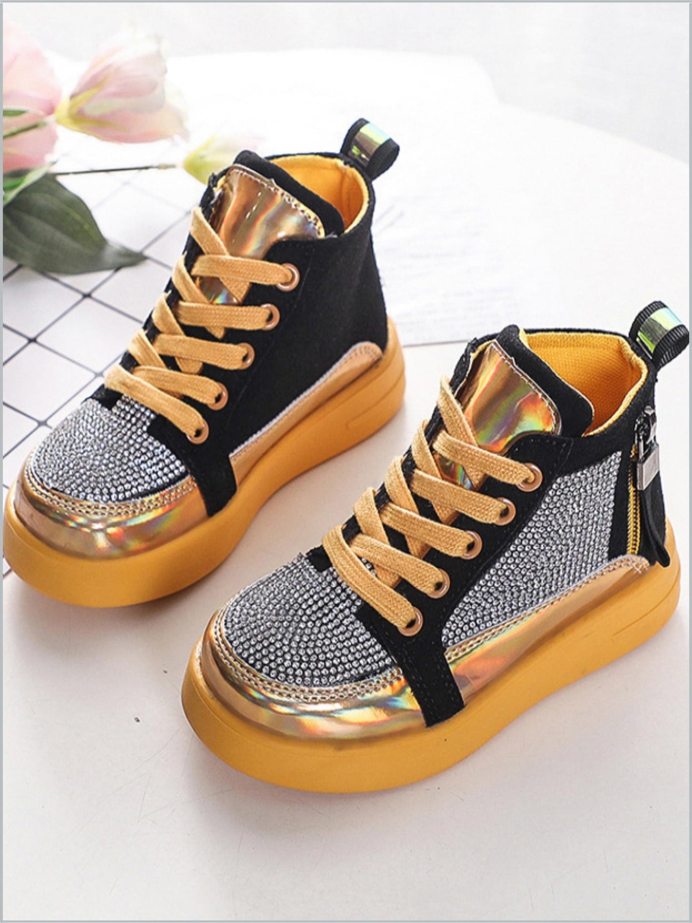 Girls Sneaking Around Rhinestone High Top Sneakers By Liv and Mia