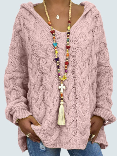 Women's Braid Knit Long Sleeve Hooded Sweater Pink