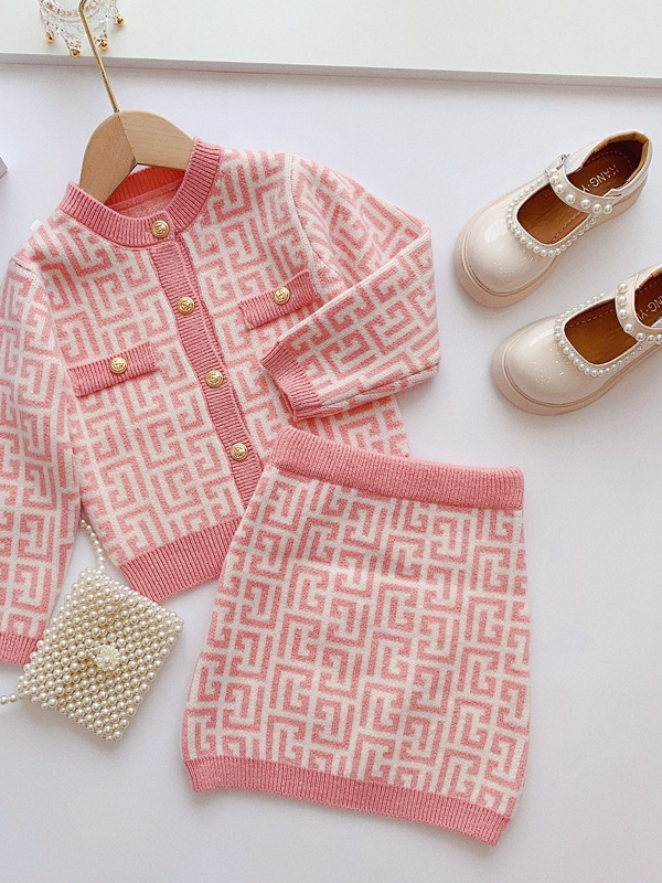 Girls Preppy Chic Outfit | Pink Cardigan & Skirt Set | Mia Belle Girls