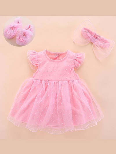 Baby Spring swiss tulle dress was little ruffles on the shoulder and a built-in romper with snap closure at the bottom. Comes with a matching bow headband and shoes pink