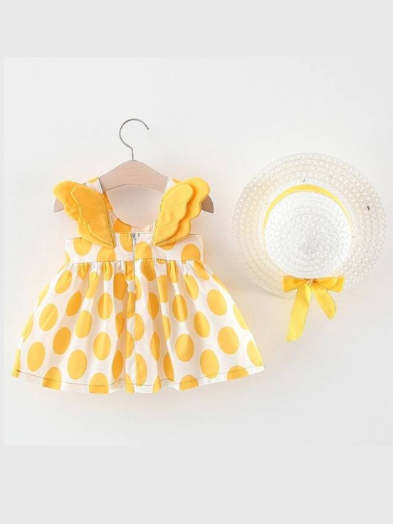 Baby dress has an adorable polka dot print and little angel wings at the back and comes with a matching hat Yellow