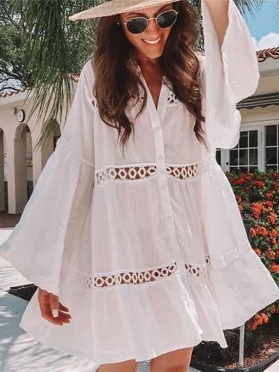 Women's White Boho Chic Button Down Cover Up