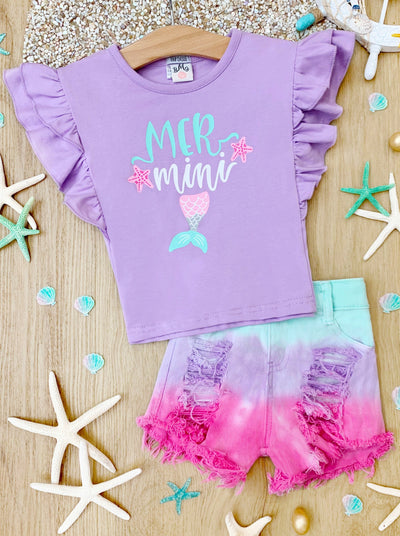 Cute Toddler Outfit | Girls Mermaid Top & Tie Dye Denim Shorts Set
