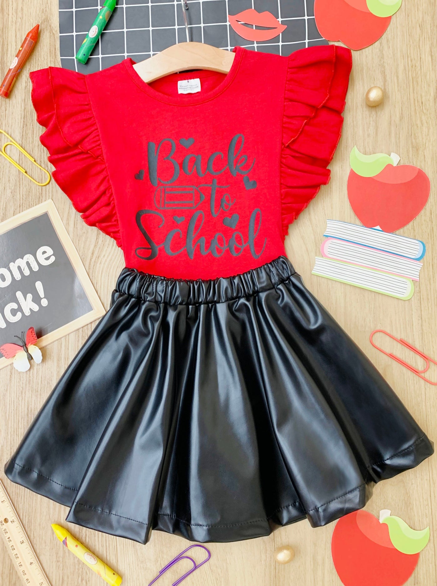1st Day of School | Top & Vegan Leather Skirt Set  | Mia Belle Girls