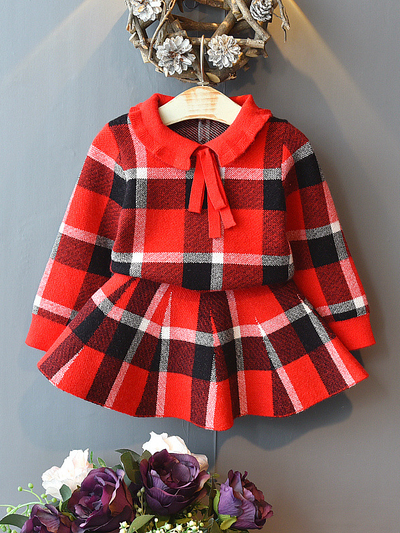 Preppy Chic Outfits | Plaid Sweater & Skirt Set | Mia Belle Girls